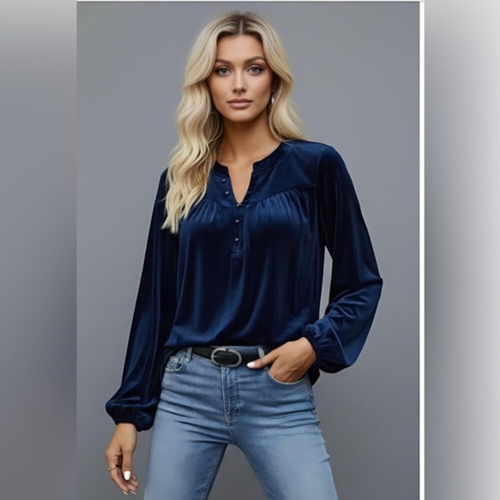 Blue Notched Neckline Lantern Sleeve